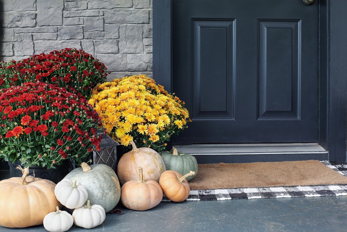 mums and pumpkins on the front porch of a new Central Florida home